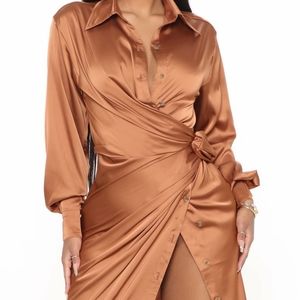 Gabriella Satin Maxi Shirt Dress - Copper- L size